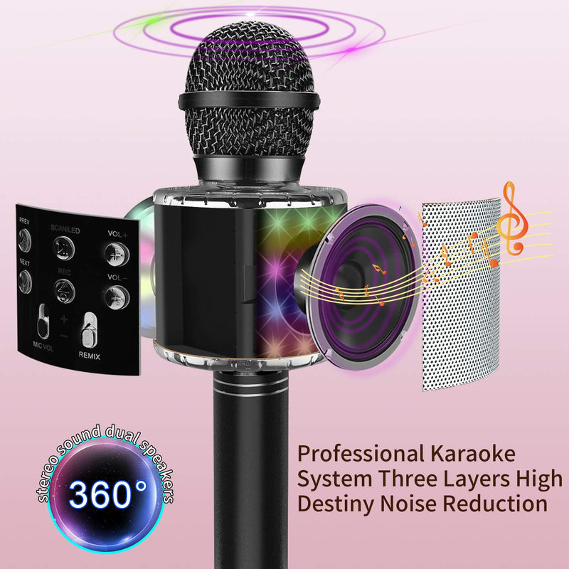 [AUSTRALIA] - Karaoke Microphone for Kids Adults, Wireless 4 in 1 Handheld Bluetooth Microphone with LED Lights, Portable Smartphone Speaker Boys Girls Singing Toys for Home KTV Outdoor Christmas Birthday Party Black 