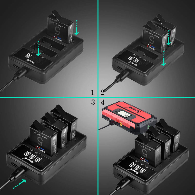 Asperx GoPro Hero 5 Replacement Battery(3-Pack) & Rapid 3-Channel LED Charger Compatible with Gopro Hero 5, Hero 6 and Hero 7