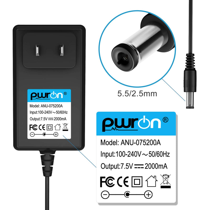PwrON (6.6FT Cable) 7.5V 2A AC DC Adapter for 400mA 500mA 800mA 1000mA DC Adapter Power Supply 5.5mm2.1mm/2.5mm with Positive Center