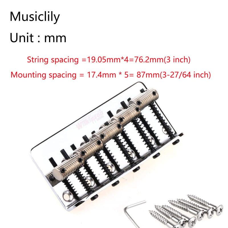 Wilkinson 76.2mm (3 inch) String Spacing 5-String Fixed Bass Bridge Threaded Saddles for Precison Bass and Jazz Bass, Chrome