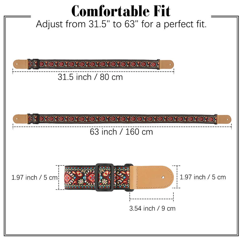 MoKo Guitar Strap, Bohemian Style Jacquard Guitar Shoulder Strap, Universal Adjustable Woven Strap for Electric & Acoustic Guitar, Bass, Ukulele Decorative Strap - Red