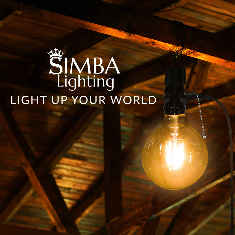 Simba Lighting E26 Light Bulb Socket Adapter Black (3 Pack) with 2 AC Outlet Plugs and Pull Chain Switch to Control Light Bulb for Indoor and Outdoor Use in Attic, Basement, Garage, Medium Screw Base With Pull Chain 3.0
