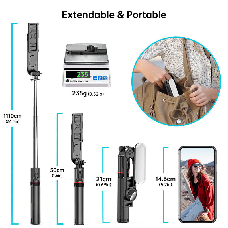 Stable Selfie Stick Tripod with Fill Light, 44 Inch Extendable Selfie Stick with Wireless Remote and Tripod Stand 360 Rotation for iPhone 13/12/11 Pro/XS Max/XS/XR/X/8/7, Samsung and Smartphone With Light