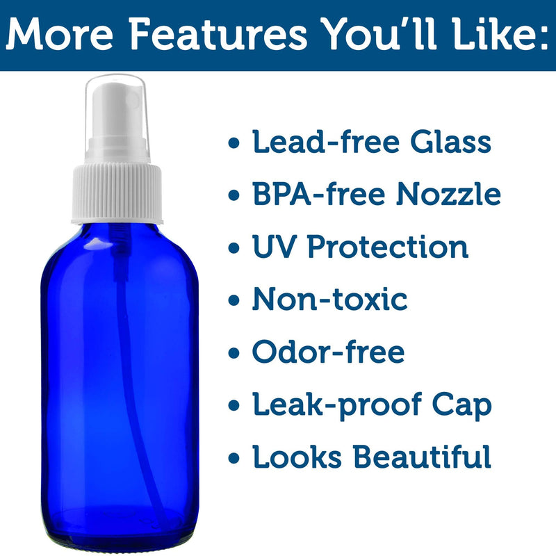 2 Empty Blue Glass Spray Bottles - 4oz Refillable Bottle is Great for Essential Oils, Organic Beauty Solutions, Homemade Cleaning and Aromatherapy - Small Portable Misters with Caps and Labels - 2 Pack