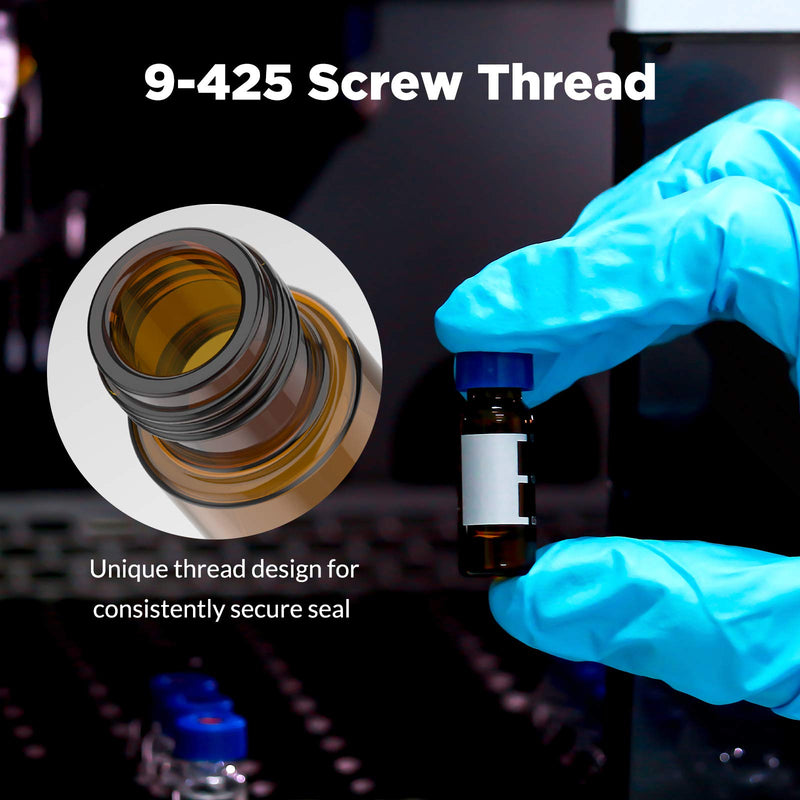 Autosampler Vials, Membrane Solutions 2ml HPLC Vials, 9-425 Lab Amber Vials with Write-on Spot and Graduations, 9mm Blue ABS Screw Caps & Septa for GC Sample Vials, 100 Pcs 100pcs Amber Vial & White PTFE septa
