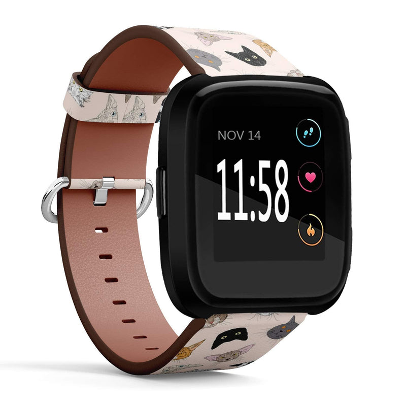 Compatible with Fitbit Versa/Versa 2 / Versa LITE - Leather Watch Wrist Band Strap Bracelet with Quick-Release Pins (Cats Faces)