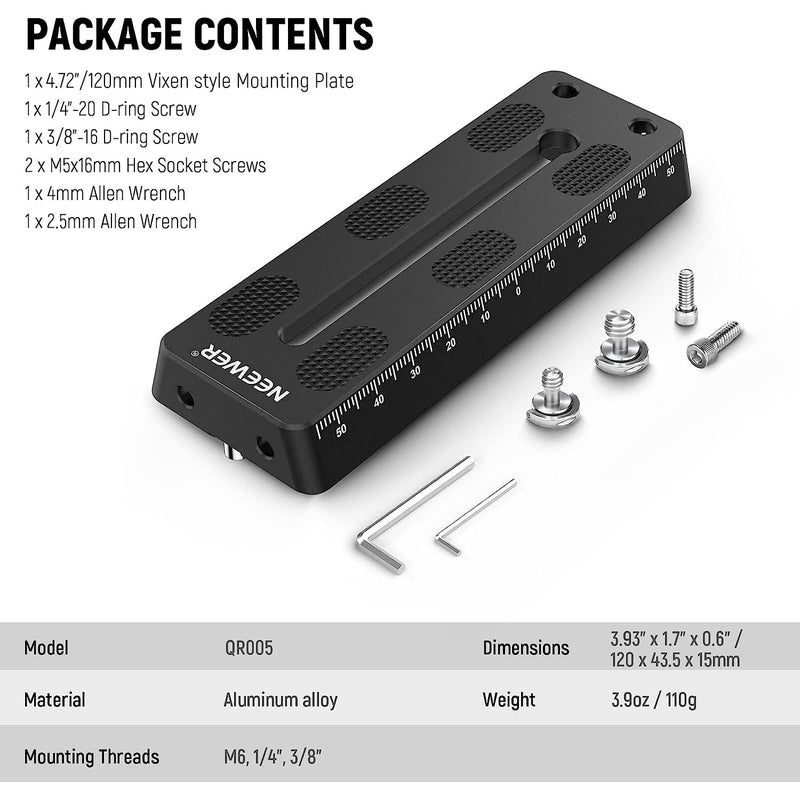 NEEWER 4.72"/120mm Rail Bar Vixen Style Dovetail Plate, Metal Mounting Plate Saddle with 1/4" 3/8" D Ring Screw for Telescope Mount Adapter Base OTA Equatorial Tripod Sky Astrophotography, QR005