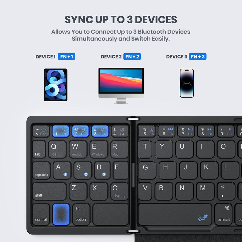 GEODMAER Foldable Bluetooth Keyboard, Portable Full Size Bluetooth Keyboard with Large Touchpad, Rechargeable Tri-Folding Ultra Slim Travel Keyboard for Windows iOS Android Mac, Sync up to 3 Devices