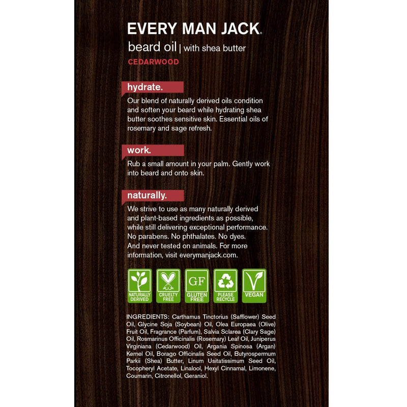 Every Man Jack Mens Beard Oil - Subtle Cedarwood Fragrance - Deeply Moisturizes and Softens Your Beard and Adds a Natural Shine - Naturally Derived with Shea Butter- 1.0-ounce