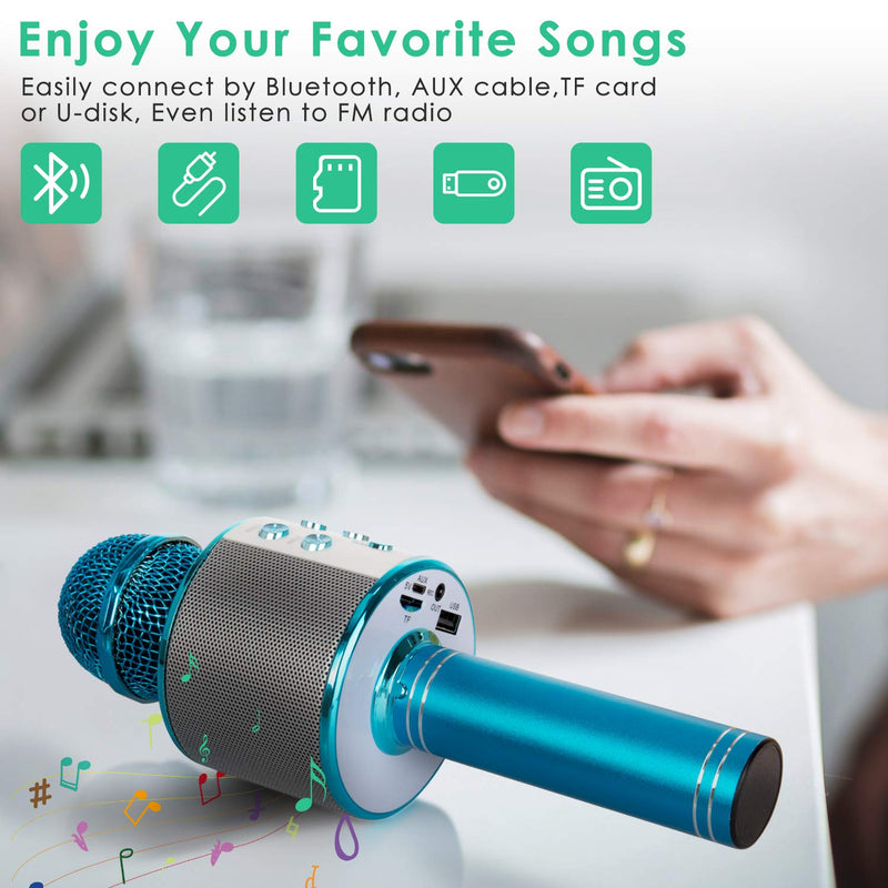 [AUSTRALIA] - KIDWILL Wireless Bluetooth Karaoke Microphone for Kids, 5-in-1 Portable Handheld Karaoke Mic Speaker Player Recorder with Adjustable Remix FM Radio for Kids Girls Boys Teens Birthday (858-Blue) Blue 