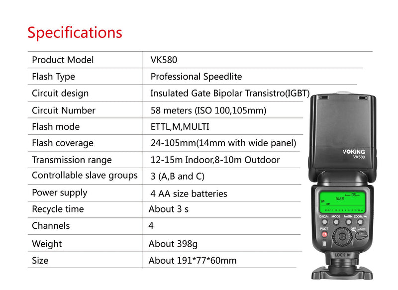 Voking VK580 E-TTL Master Slave Speedlite Shoe Mount Flash for Canon EOS 70D 80D Rebel T7i T6i T6 T5i T5 T4i T3i SL2 and Other EOS DSLR Cameras VK-580