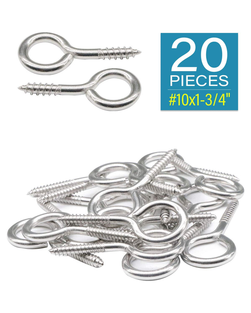 IMScrews 20Pcs 1-3/4 Inch Screw Eyes Small Eyelet Screws Lag Eyebolt Heavy Duty Hook 304 Stainless Steel 20Pcs #10 x 1-3/4"