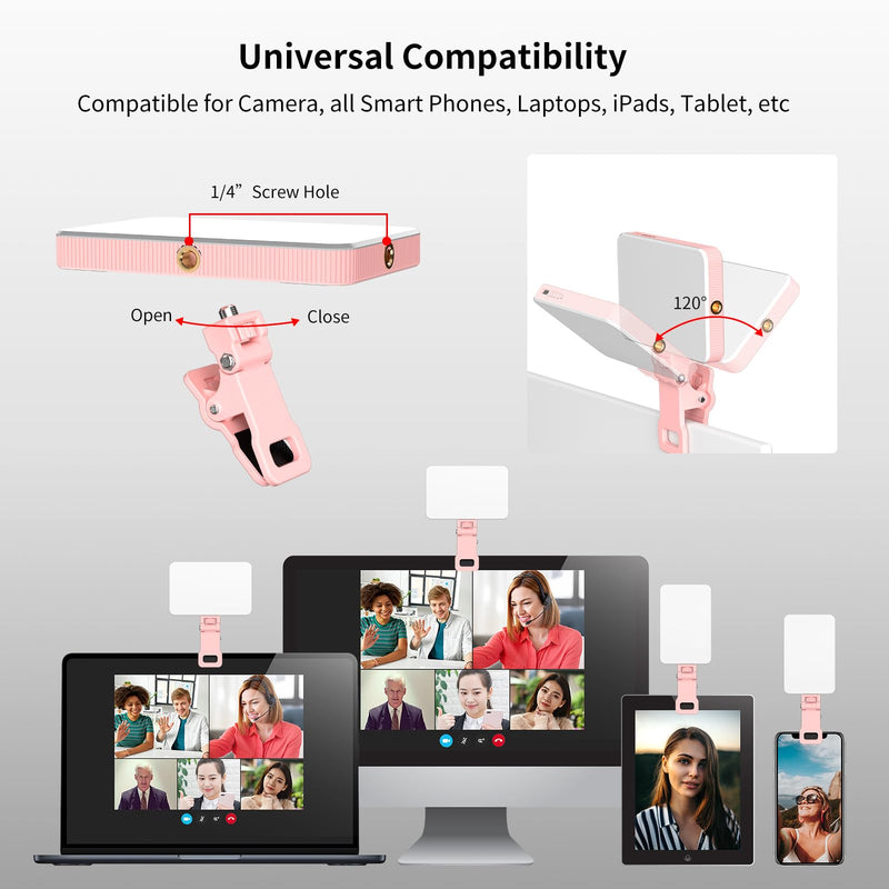 Newmowa Pink Rechargeable Selfie Light, Portable Clip on Video Light for Phone/Laptop/Camera with Smart Light Sensor, 3 Light Modes, with 2000mAh Battery for Selfie/Makeup/Video Conference/TikTok