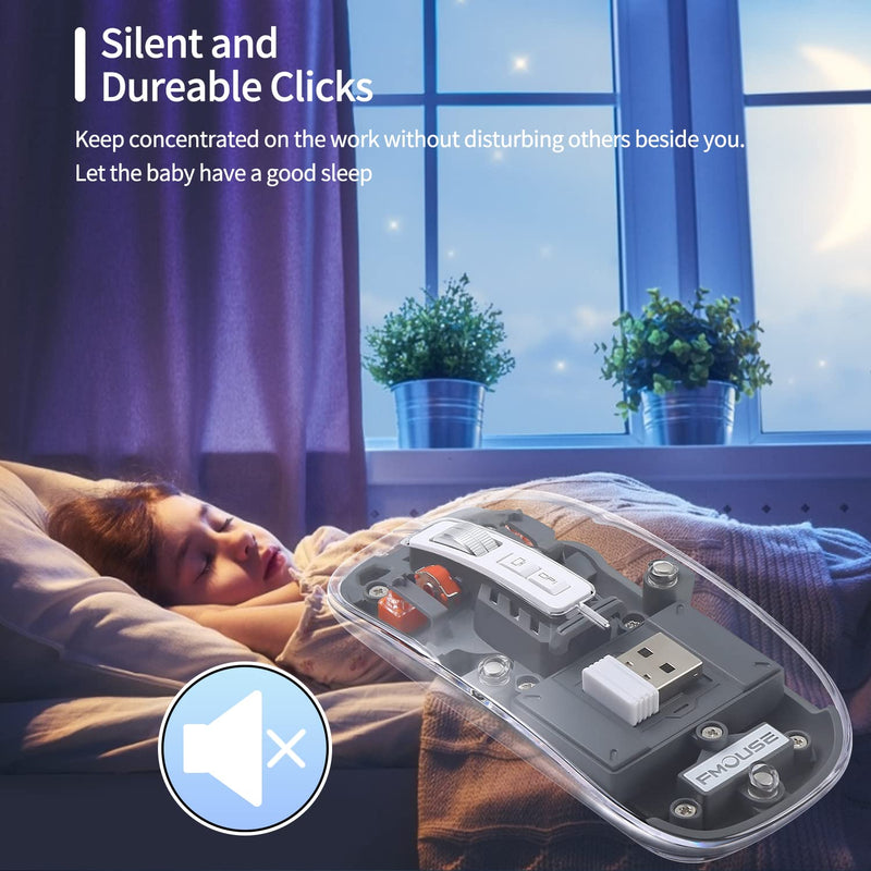 Wireless Bluetooth Mouse, LED Slim Rechargeable Wireless Silent Mouse with USB Receiver and Type C Adapter, Disassembly Magnetic Transparent Surface Cover Quiet Mouse for PC, Laptop, Mac, Desktop Gray