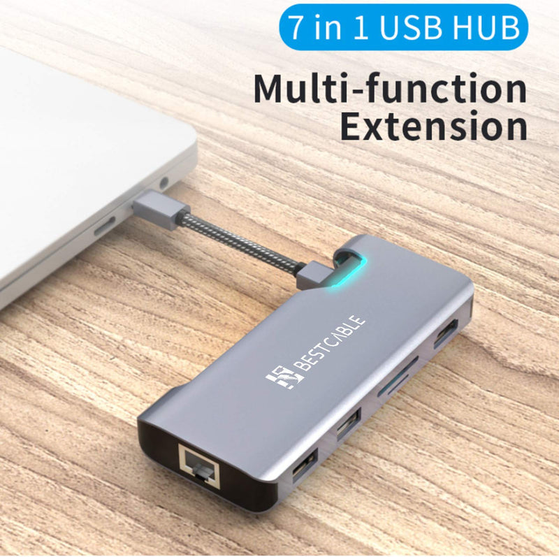 USB C Hub Adapter, BEST CABLE 7 in 1 USB C to HDMI 4K Adapter, Gigabit Ethernet RJ45, USB C Power Delivery, 2USB 3.0 Port, SD/TF Card Reader Compatible with MacBook Pro,MacBook Air,Samsung,and More