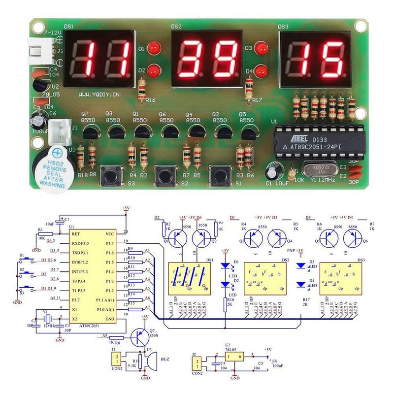DAOKI Digital Clock DIY Kit 6Bits C51 AT89C2051 Chip Electronic Alarm Clock Kit PCB Board Soldering Practice FR-4 for Arduino with Battery Holder