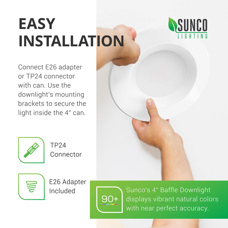 Sunco Lighting 4 Inch LED Recessed Downlight, Baffle Trim, Dimmable, 11W=60W, 4000K Cool White, 660 LM, Damp Rated, Simple Retrofit Installation - UL + Energy Star