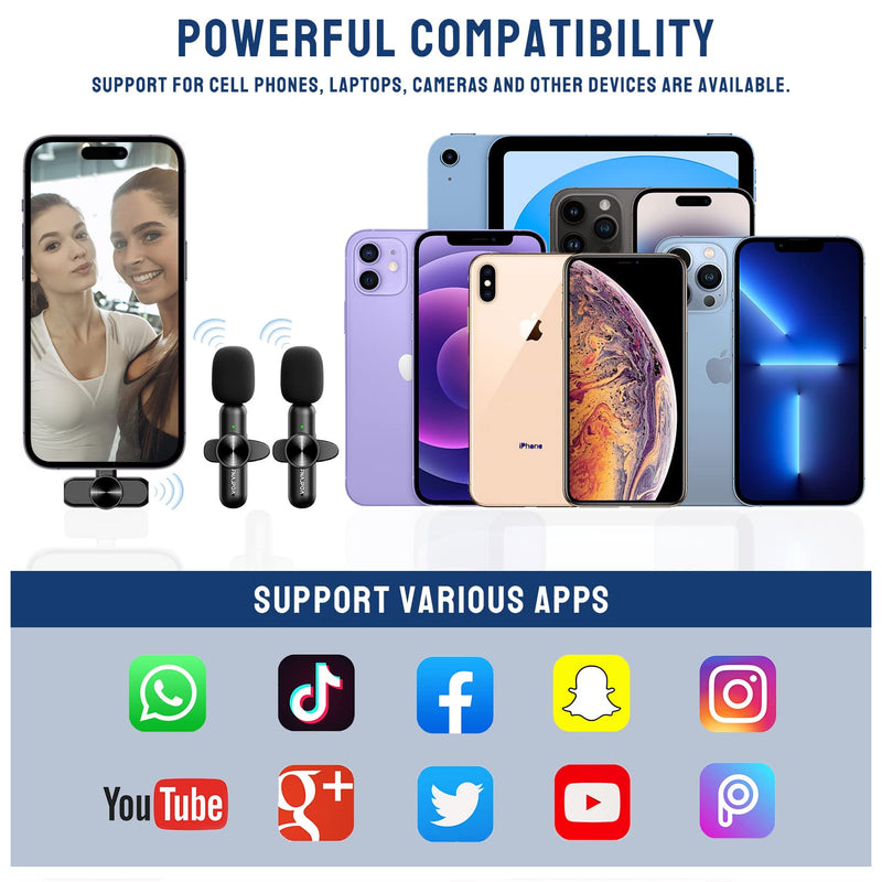 Wireless Microphone for iphone, Dual Professional Wireless Lavalier Microphone for iPhone iPad, Plug-Play Wireless Mic for Video Recording,Live Stream,YouTube,Facebook,TikTok,Vlog,Presentation