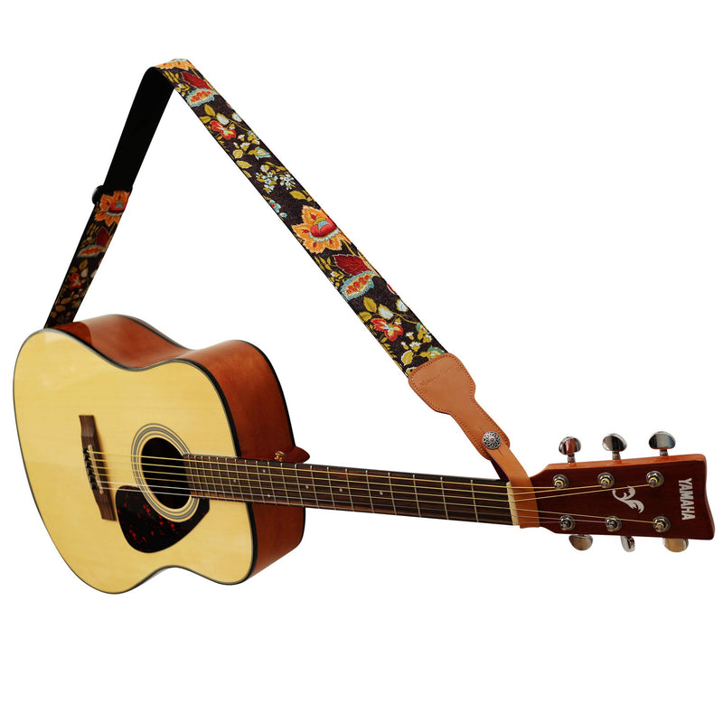[AUSTRALIA] - MUSIC FIRST Original Design, 2 inch width (5cm), Vintage French Country Style “Floral” Soft Cotton & Genuine Leather Delux Guitar Strap, Ukulele Strap, Mandolin Strap 