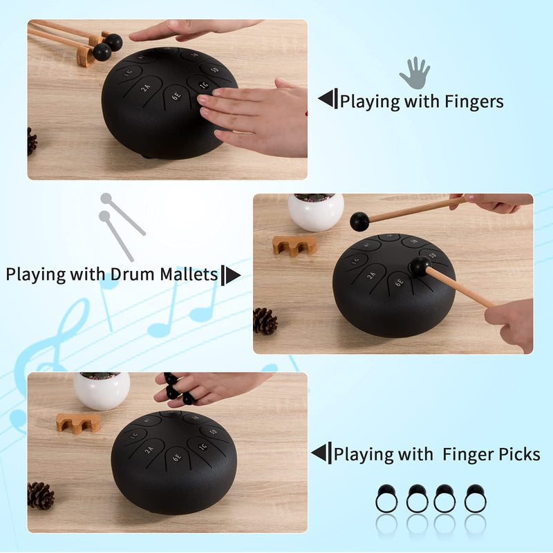 Steel Tongue Drum,6 Inches 8 Notes Percussion Instrument Hand-pan Drum Set with Travel Bag & Drumsticks,Suitable for Drummer Beginner,Musical Education Concert Mind Healing Yoga (Black) black
