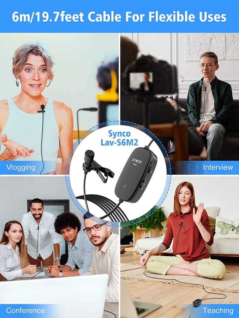 Lavalier Lapel Microphone, SYNCO Lav-S6M2 Lav Mic with 3.5mm Audio Monitorig Port, Low Cut & Gain Control for Smartphone PC Camera DSLR, 6M Cable for YouTube, Interview, Conference, Broadcast
