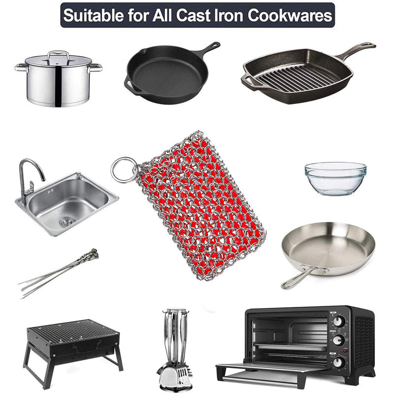 Cast Iron Skillet Cleaner, 316 Stainless Steel Chainmail Cleaning Scrubber with Silicone Insert for Cleaning Castiron Pan,Griddle,Baking Pan