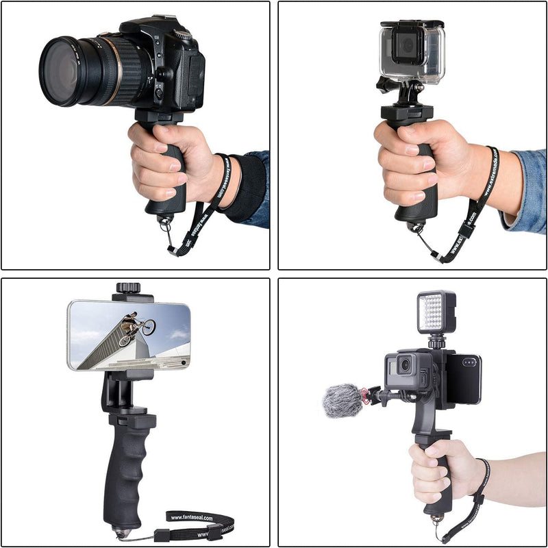 2in1 Ergonomic Portable Action Camera+Smartphone SYN Hand Grip Stabilizer Combo Mount Video Vlogging Rig Holder Kit for GoPro iPhone Interview Travel YouTube Tiktok Streaming-Mic+Light Adapter 2in1 gopro vloggor