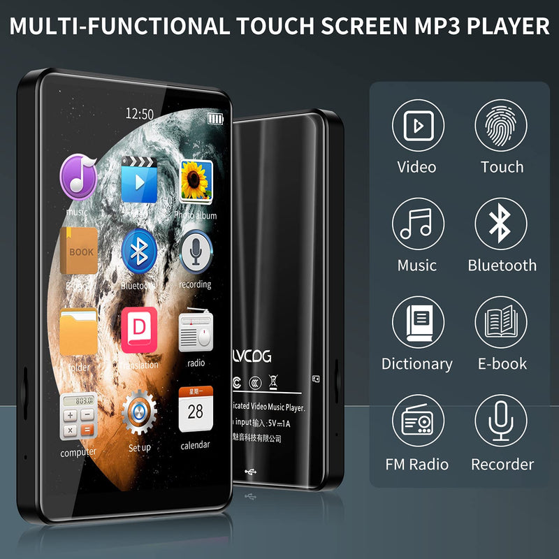 MP3 Player with Bluetooth 4.0" Portable High Resolution and Full Touch Screen, 8GB HiFi Lossless Sound Player with FM Radio, E-Book, Voice Recorder, Supports up to 128GB TF Card, Black