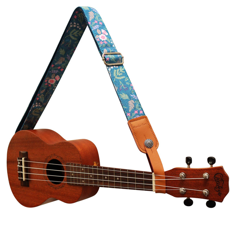 [AUSTRALIA] - MUSIC FIRST Original Design Vintage “Dawn Fog Garden” Soft Cotton & Genuine Leather Ukulele Strap Ukulele Shoulder Strap With a MUSIC FIRST Genuine Leather Strap Locker 