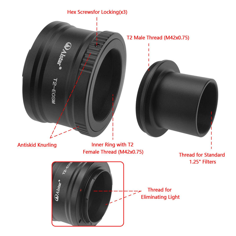 Alstar Canon EOS-M T2 Mount Lens Adapter and M42 to 1.25" Telescope Adapter (T-Mount) for Canon EOS-M Camera System Telescope/Spotting Scope Accessories
