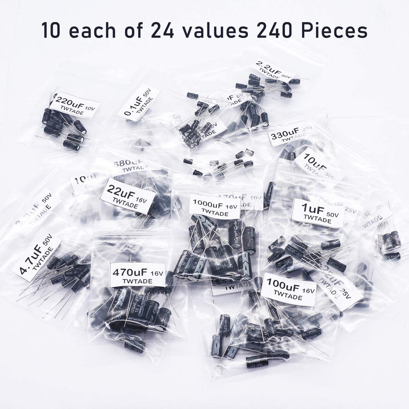 TWTADE 240Pcs Polar Aluminum Electrolytic Capacitor Assortment Kit Box (0.1uF－1000uF, 10V/16V/25V/50V)24Values for Many Household appliances, Entertainment Equipment etc. DR-240P