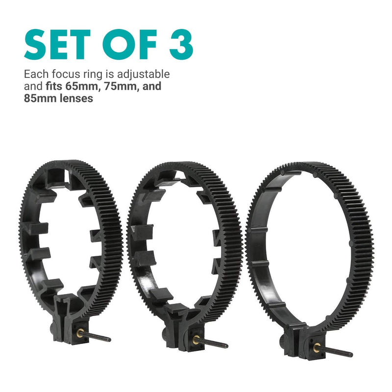 Movo FR3 Adjustable Follow Focus Ring Set of 3 with 65mm, 75mm and 85mm Lens Gear Rings (Standard 32 Pitch - 0.8 mod)