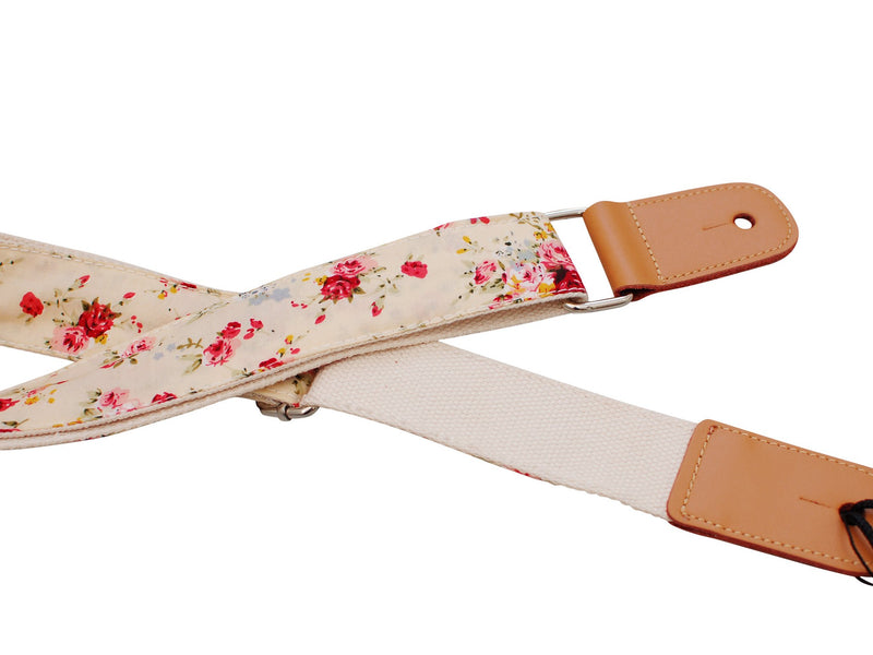 MUSIC FIRST Original Design “Rosa Multiflora in Cream” Soft Cotton & Genuine Leather Ukulele Strap Ukulele Shoulder Strap With a MUSIC FIRST Genuine Leather Strap Locker With A Leather Strap Locker