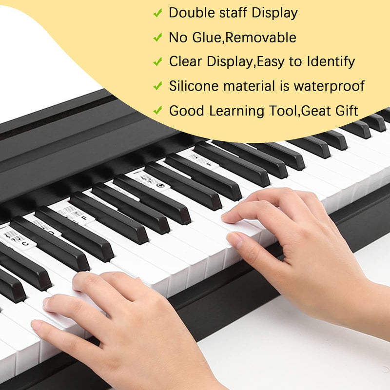 Removable Piano Keyboard Note Labels, 88-Key Full Size Piano Stickers, Made of Silicone, No Need Stickers, Reusable and Comes with Box, Double Staff Display of Piano Notes Guide for Beginner (Black) Black