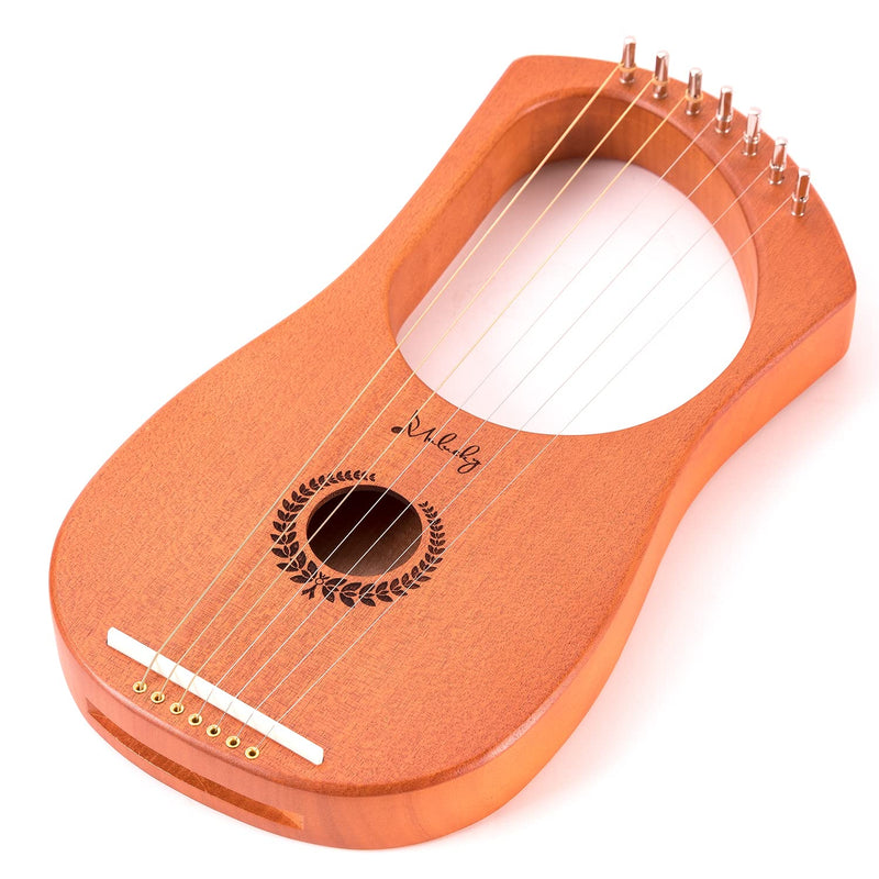 Mulucky Lyre Harp 7 Metal Steel String Bone Saddle Mahogany Lyre Instrument with Tuning Wrench and Black Gig Bag - MLH701