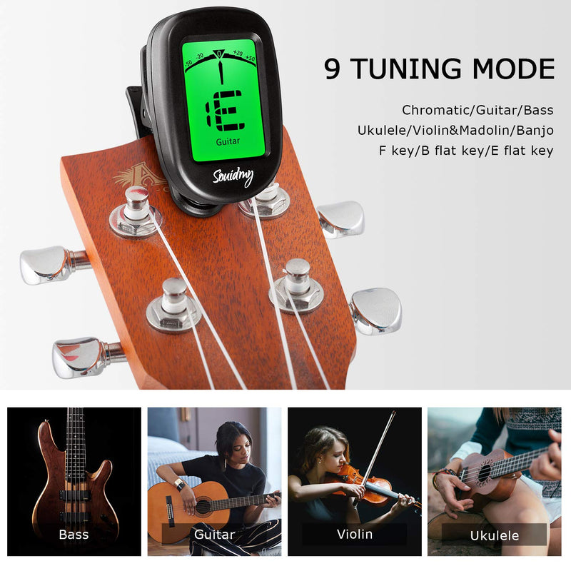 Souidmy Guitar Tuner, with 9 Tuning Modes, for Guitar, Bass, Violin, Ukulele and Chromatic, Easy to Use, Portable Clip-On Instrument Tuner for Beginners and Professionals(2 Picks & 2 Batteries) Plus