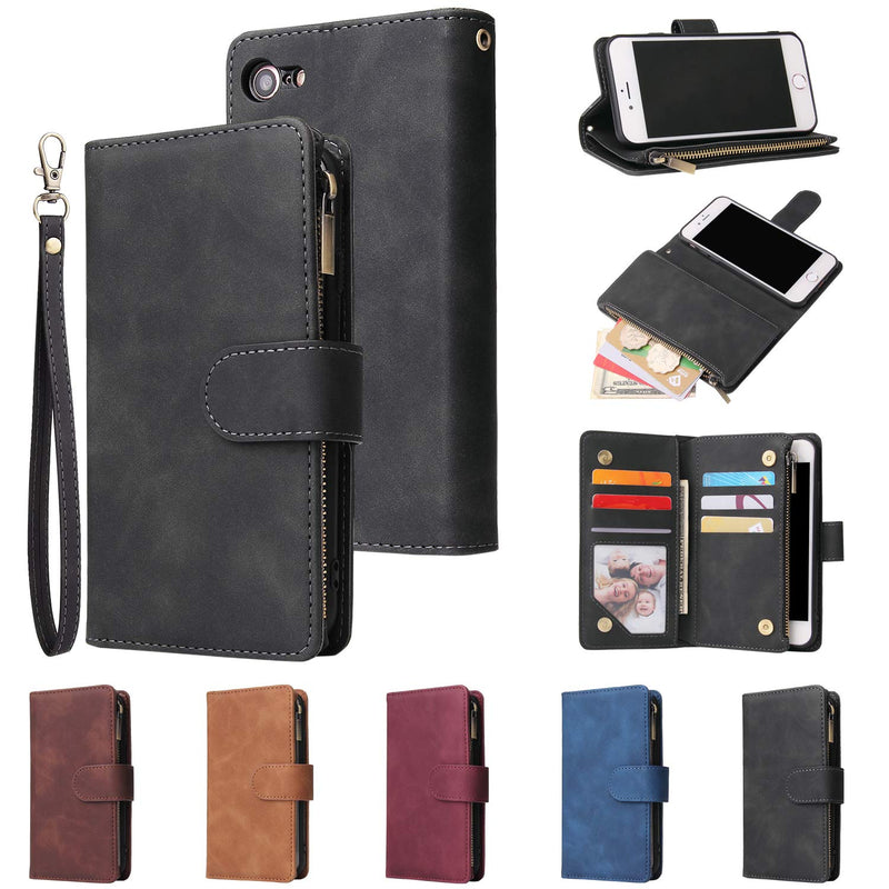 UEEBAI Wallet Case for iPhone SE 2020 iPhone 7 iPhone 8, Premium Vintage PU Leather Magnetic Closure Handbag Zipper Pocket Kickstand Card Holder Slots with Wrist Strap Shockproof Flip Case - Black
