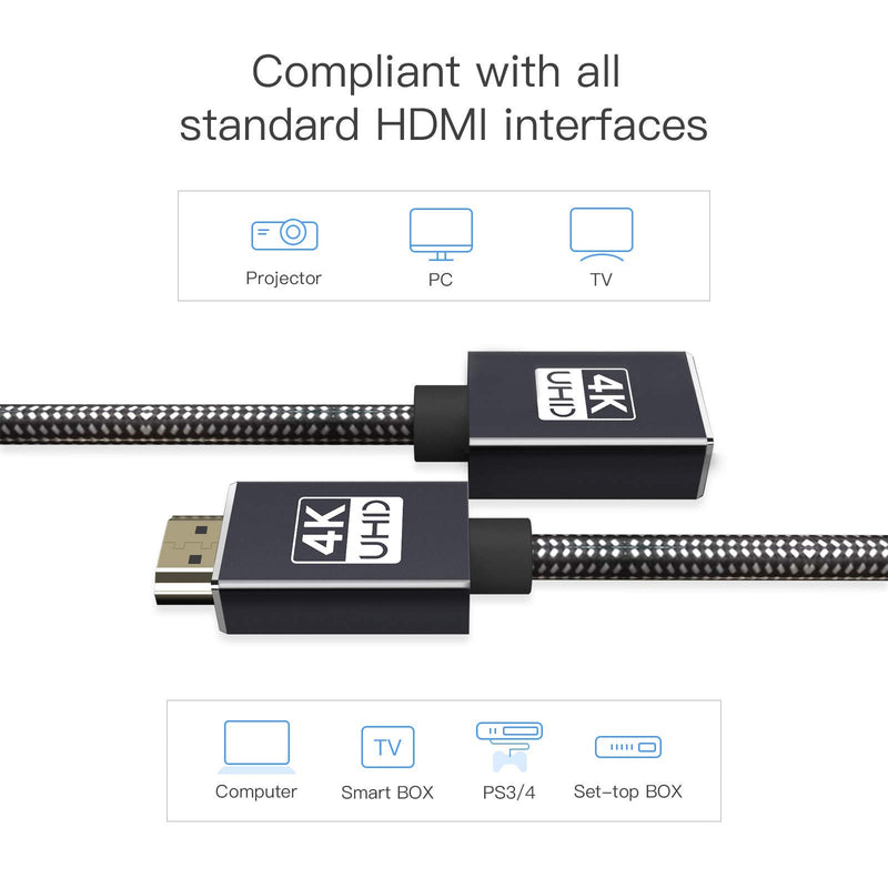 4K HDMI Extension Cable 6.6ft,LANDEOSEN Nylon Braided HDMI Extender Male to Female,Support 4K@60HZ Ultra HD,3D,Compatible with Roku TV,Blu-Ray Player,Boxee,Xbox One S,PS3/4,Apple TV-Gray gray