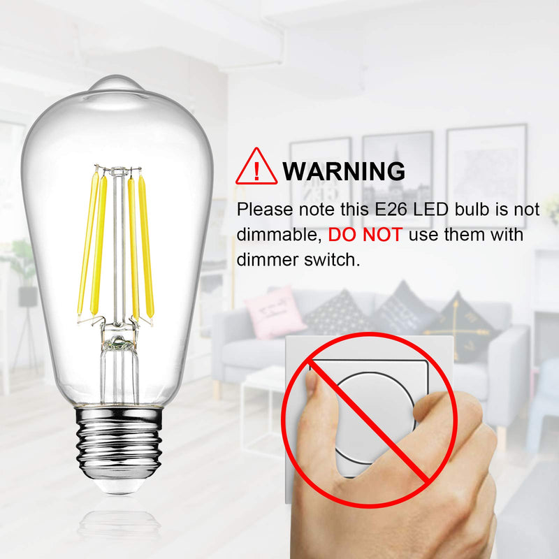 Ascher Vintage LED Edison Bulbs, 6W, Equivalent 60W, High Brightness Daylight White 4000K, ST58 Antique LED Filament Bulbs, E26 Medium Base, Non Dimmable, Clear Glass, Pack of 6 4000K Daylight White Non-Dimmable