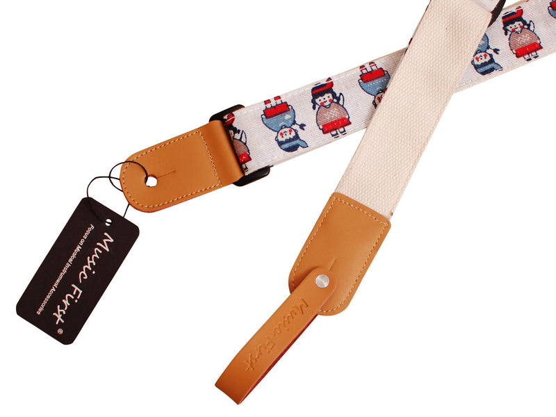 MUSIC FIRST Original Design “CARTOON KIDS” Soft Cotton & Linen & Genuine Leather Ukulele Strap Ukulele Shoulder Strap With a MUSIC FIRST Genuine Leather Strap Locker