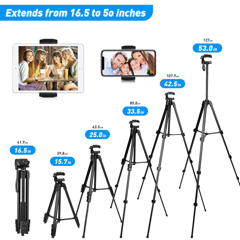 Phone Tripod, 53- Inch Lightweight Selfie Stick Tripod Portable DSLR Camera Tripod for iPhone, IPAD/Android/SUMSANG with Phone Holder & Wireless Bluetooth 5.0 Remote Control Shutter （New Version 53 Inch