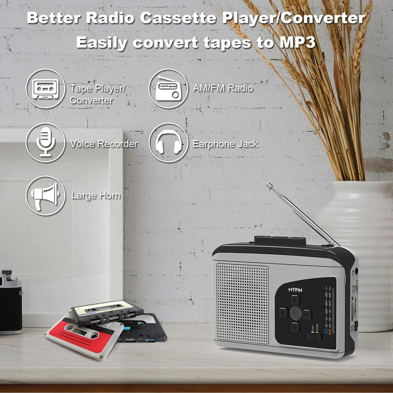 Portable Cassette Converter Recorder,Cassette Player AM/FM Radio Stereo with Speaker and Earphone Jack, Support Recording, Fast Forward and Rewind