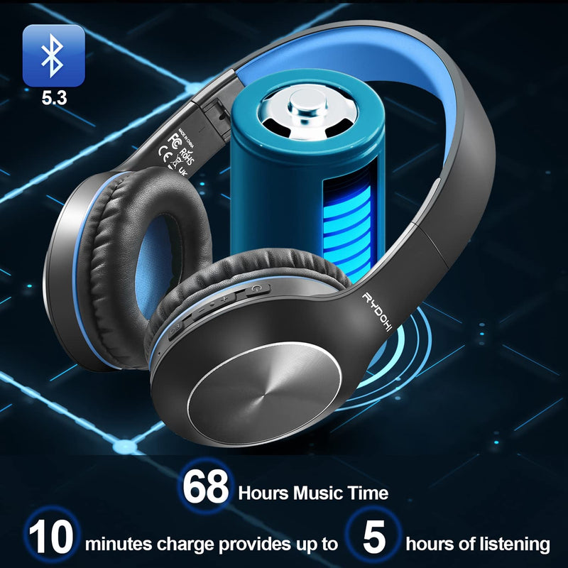 Rydohi Bluetooth Headphones Over Ear, 68H Playtime and 3 EQ Music Modes Wireless Headphones with Microphone/Deep Bass, HiFi Stereo Foldable Lightweight Headset for PC Home Travel Office(Black Blue) Black Blue
