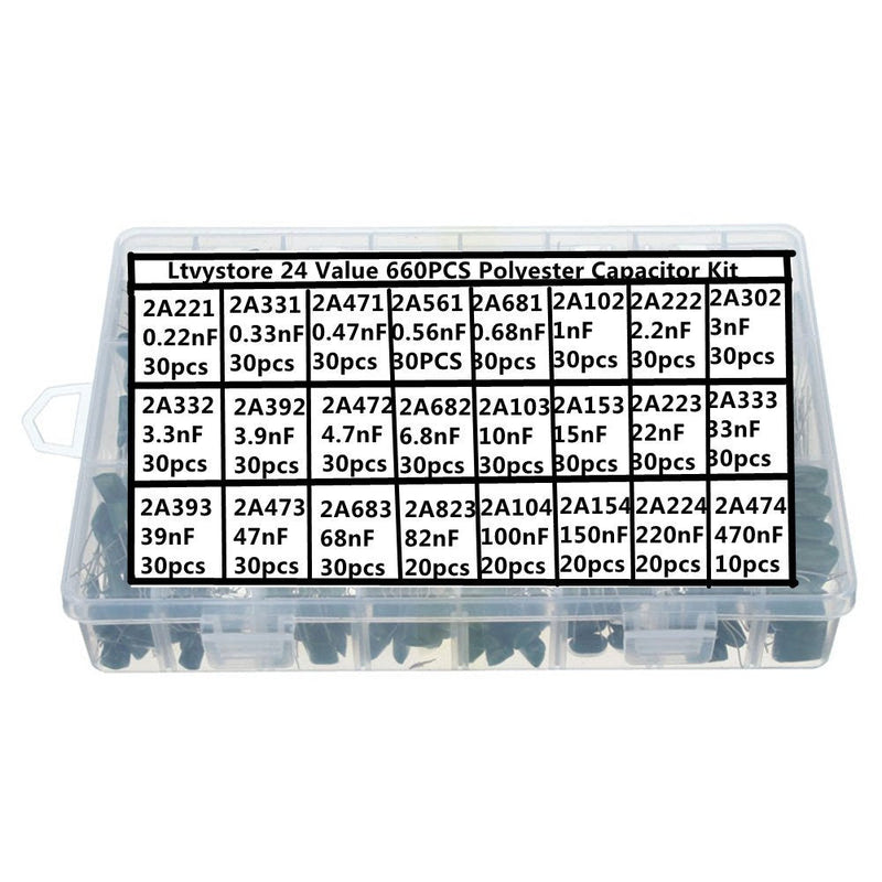 Capacitor Kit, Metalized Mylar Polyester Film Capacitor Assorted Assortment Box Kit Set 100V - Through Hole Capacitors, Range 0.22NF- 470NF, Pack of 660 Ltvystore