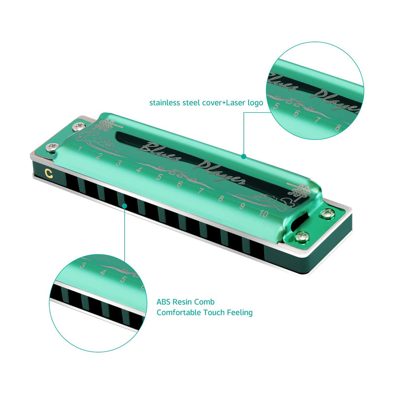 East top Harmonica,10 Hole Diatonic Blues harp mouth organ Harmonica Key of C, Advanced PR020 Harmonicas For Adults, Professional Band Player and Students green