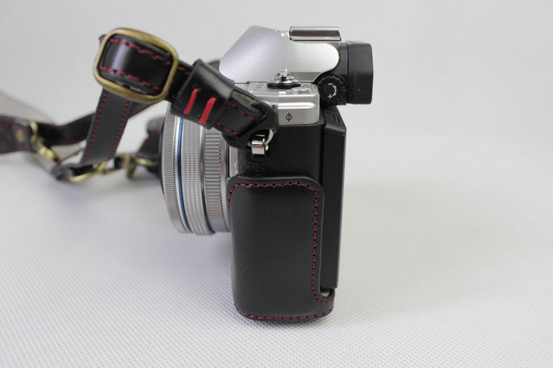 EM10 Mark III Case, BolinUS PU Handmade Leather FullBody Camera Case Bag Cover for Olympus OM-D E-M10 Mark III with 14-42mm lens Bottom Opening Version + Neck Strap + Mini Storage Bag - Black
