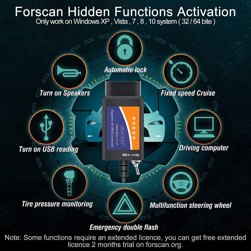 FORScan ELM327 OBD2 USB Adapter for Windows, Diagnostic Coding Tool with MS-CAN/HS-CAN Switch for Ford Lincoln Mazda Mercury Series Vehicles