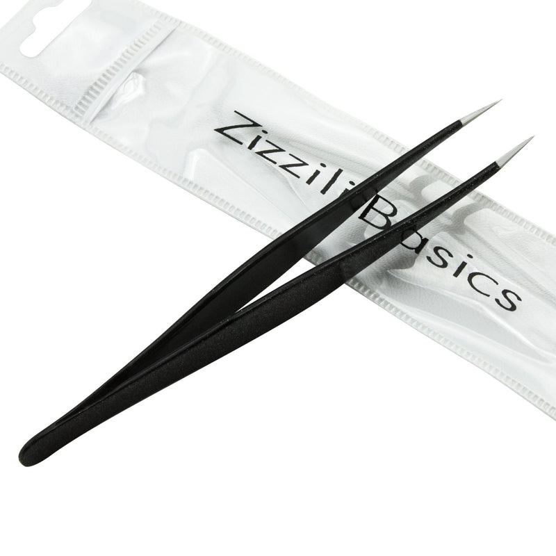 Ingrown Hair Tweezers by Zizzili Basics - Surgical Grade Stainless Steel Fine Pointed Tweezers - Precision Aligned Tips for Splinter, Eyebrow & Facial Hair Removal - with Bonus Tip Guard & Carry Pouch Black