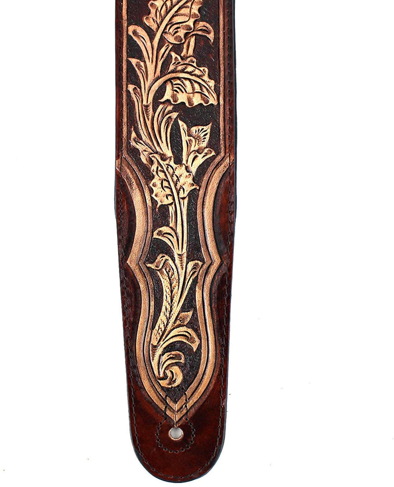 Walnut Brown Carving Leather Padded Guitar Strap With Hand Carved Traditional Western Tooling Walker & Williams KH-02-BRN