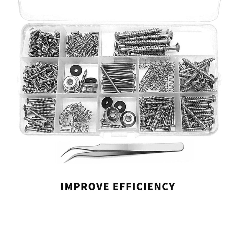 Cheerock Guitar Screws Kit for Electric Guitar Bridge, Pickup, Pickguard, Tuner, Switch, Neck Plate, 254 Pieces Guitar DIY Kit with A Elbow tweezers (9 Types, Sliver) silver